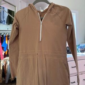 Tan Hooded Half-Zip Athletic Dress with shorts built in